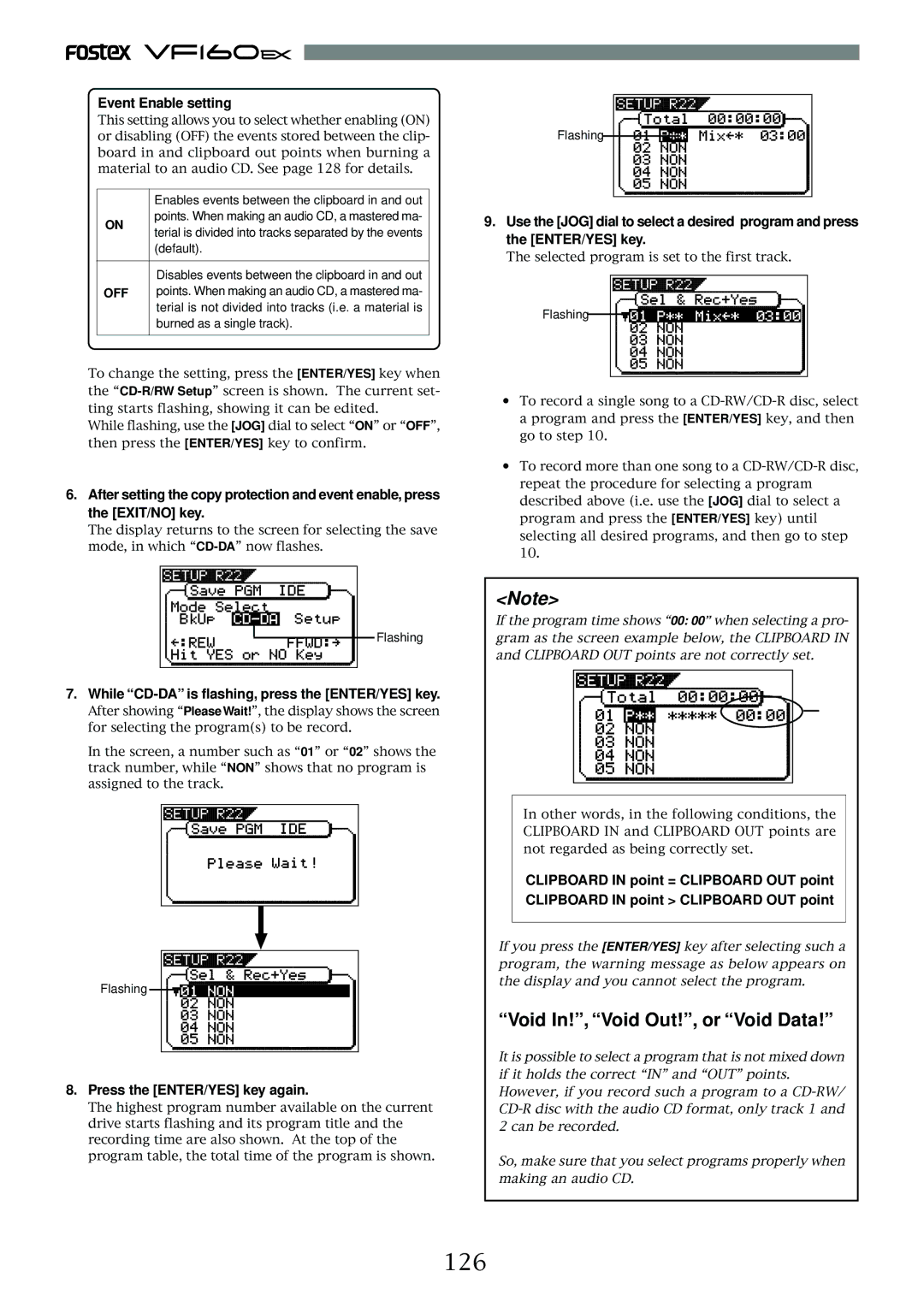 Fostex VF160EX operation manual 126, Void In!, Void Out!, or Void Data, Event Enable setting 