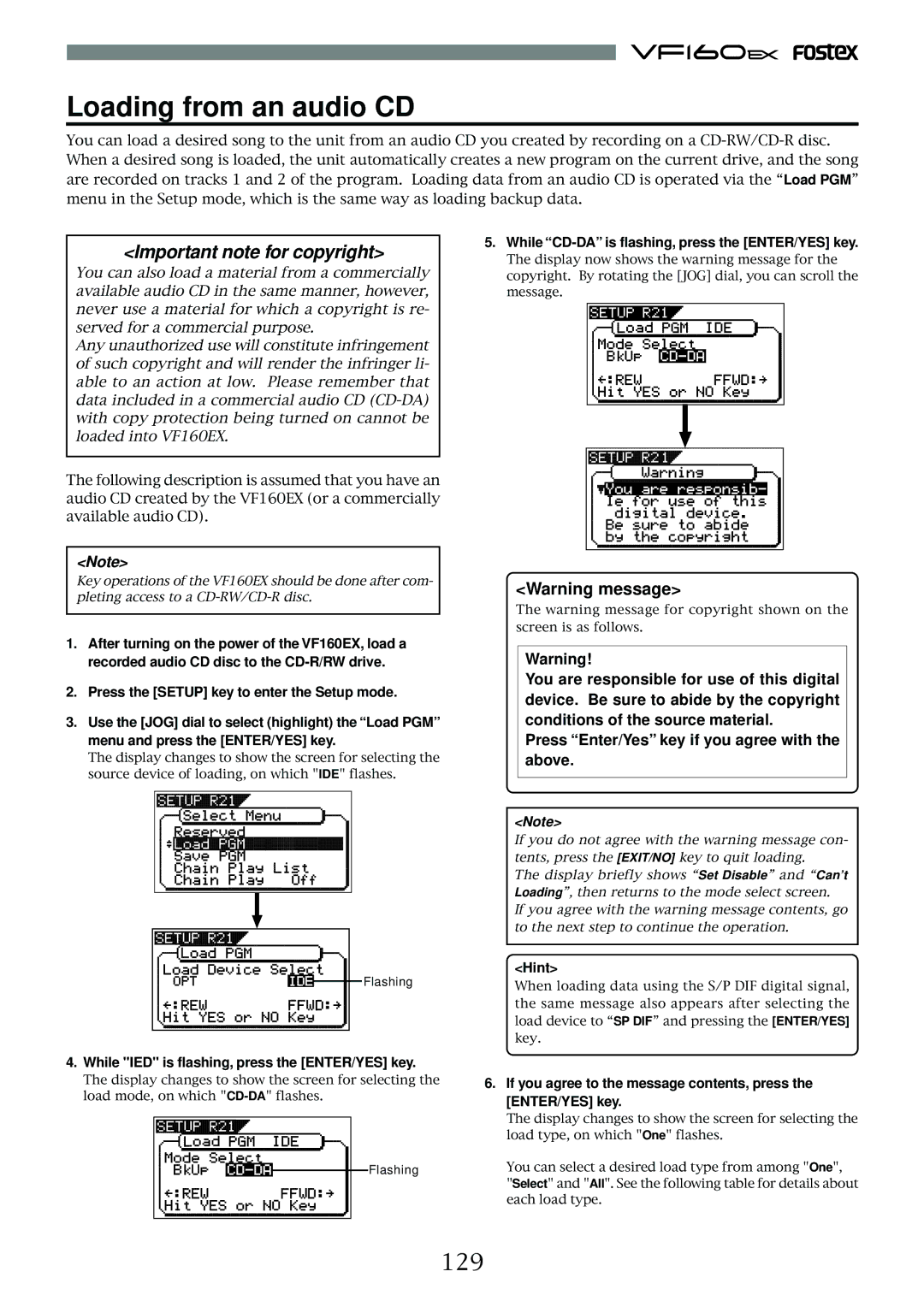 Fostex VF160EX operation manual 129, While IED is flashing, press the ENTER/YES key 