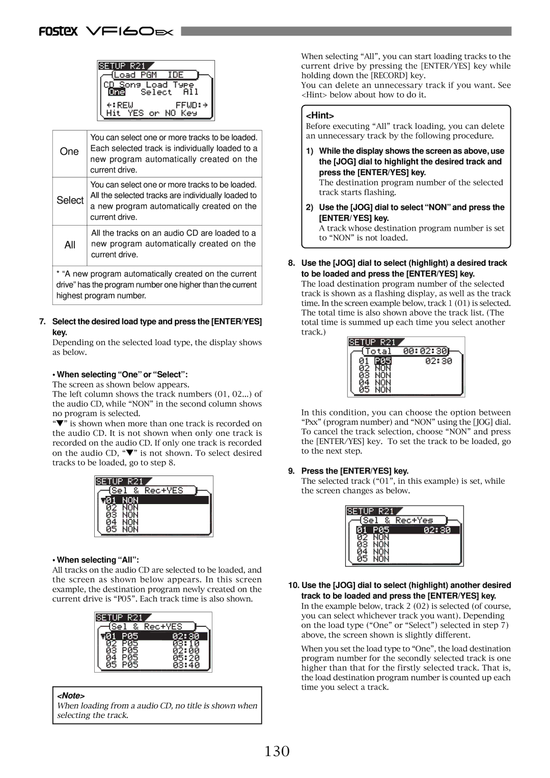 Fostex VF160EX operation manual 130, Select the desired load type and press the ENTER/YES key, When selecting One or Select 