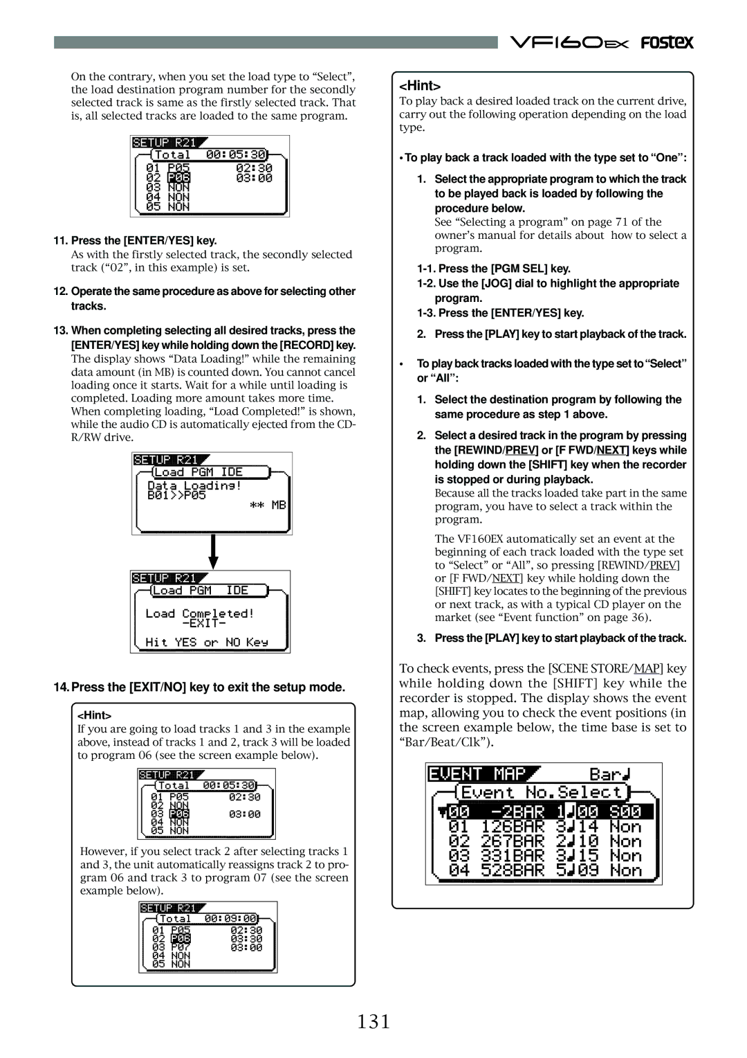 Fostex VF160EX operation manual 131, Hint, Press the EXIT/NO key to exit the setup mode 