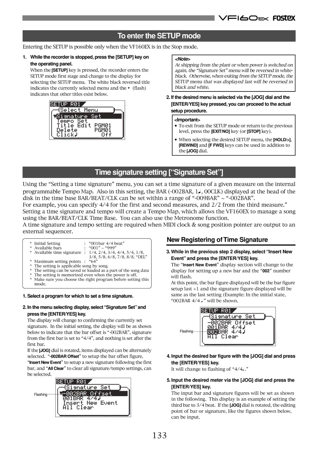 Fostex VF160EX To enter the Setup mode, Time signature setting Signature Set, 133, New Registering of Time Signature 