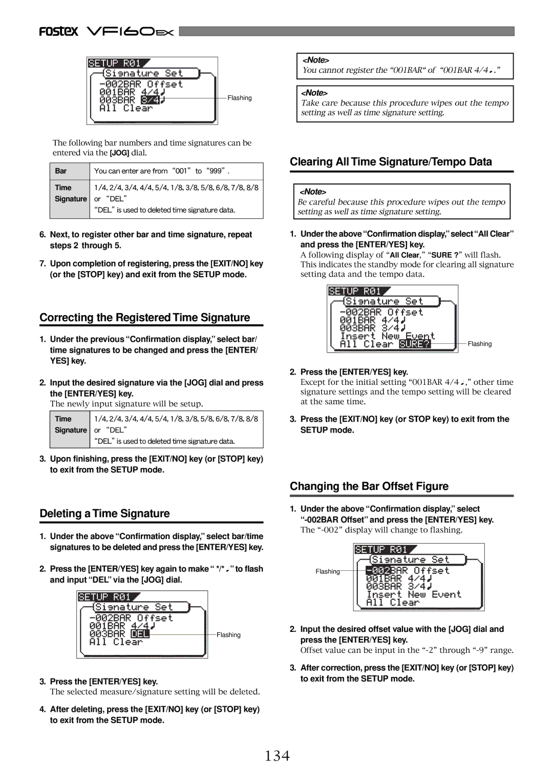 Fostex VF160EX 134, Correcting the Registered Time Signature, Deleting a Time Signature, Changing the Bar Offset Figure 