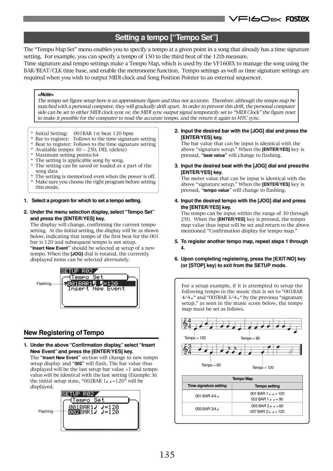 Fostex VF160EX operation manual Setting a tempo Tempo Set, 135, New Registering of Tempo 