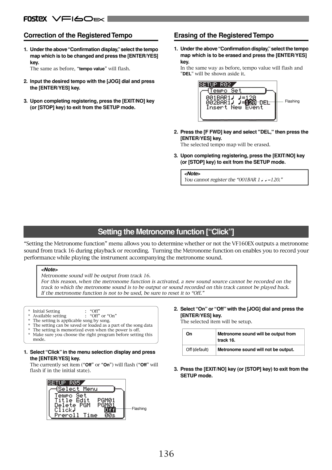 Fostex VF160EX operation manual Setting the Metronome function Click, 136, Correction of the Registered Tempo, Track 