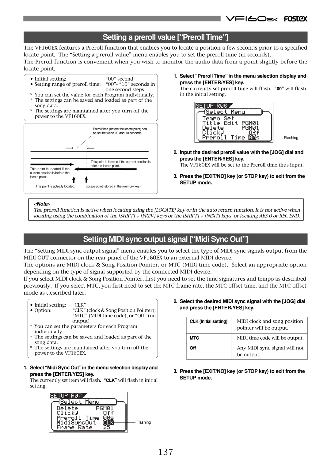 Fostex VF160EX Setting a preroll value PrerollTime, Setting Midi sync output signal Midi Sync Out, 137, Setup mode, Off 