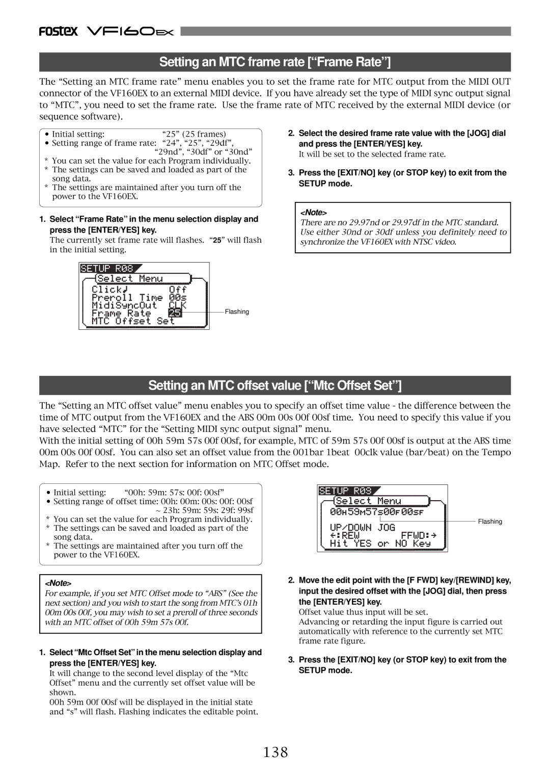 Fostex VF160EX operation manual Setting an MTC frame rate Frame Rate, Setting an MTC offset value Mtc Offset Set, 138 