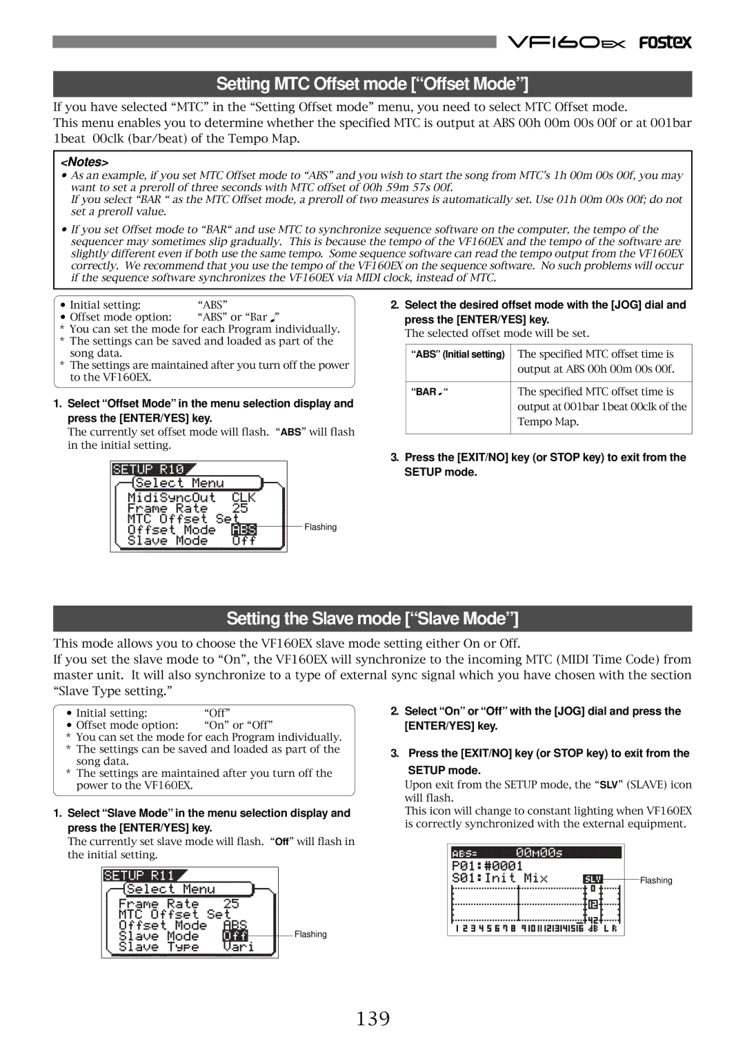 Fostex VF160EX operation manual Setting MTC Offset mode Offset Mode, Setting the Slave mode Slave Mode, 139 