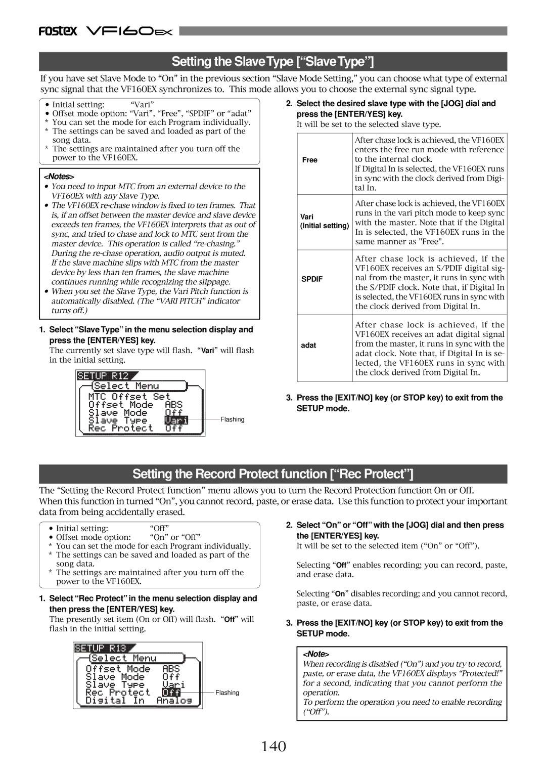 Fostex VF160EX operation manual Setting the SlaveType SlaveType, Setting the Record Protect function Rec Protect, 140 