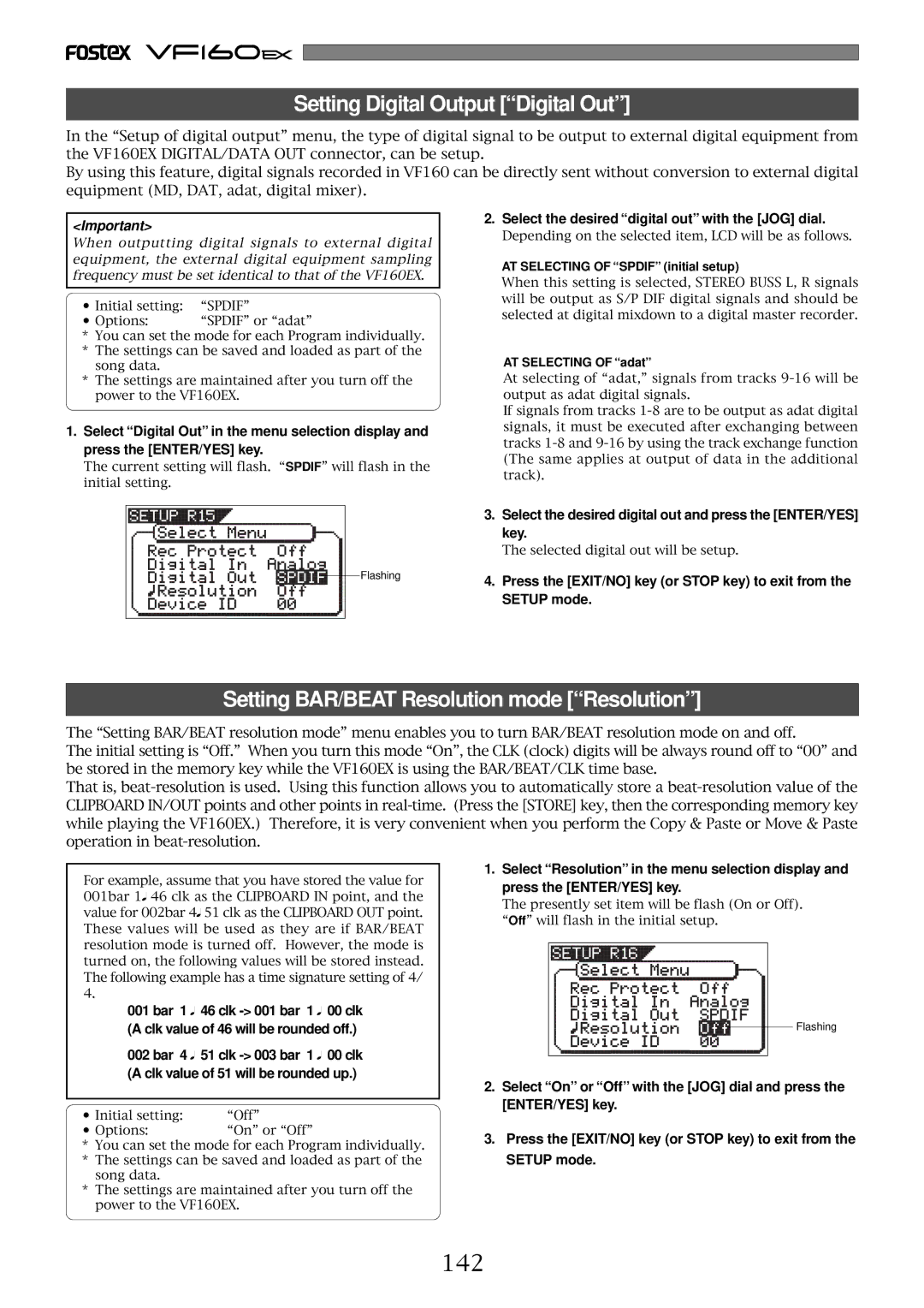 Fostex VF160EX operation manual Setting Digital Output Digital Out, Setting BAR/BEAT Resolution mode Resolution, 142 