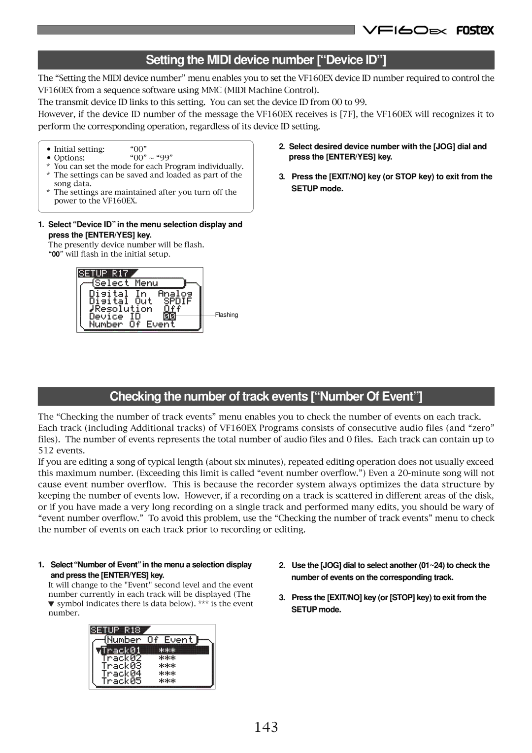 Fostex VF160EX Setting the Midi device number Device ID, Checking the number of track events Number Of Event, 143 