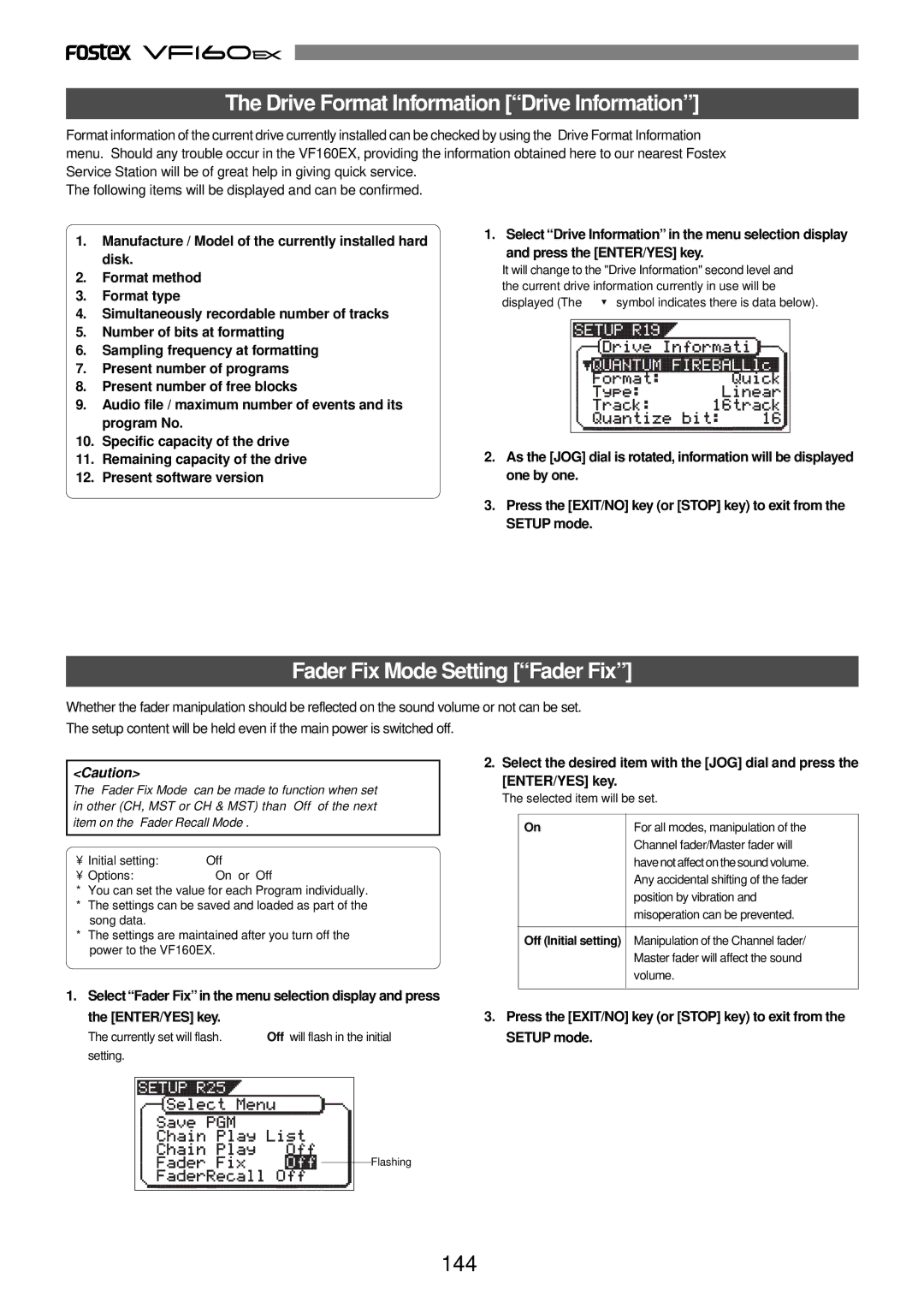 Fostex VF160EX operation manual Drive Format Information Drive Information, Fader Fix Mode Setting Fader Fix, 144 