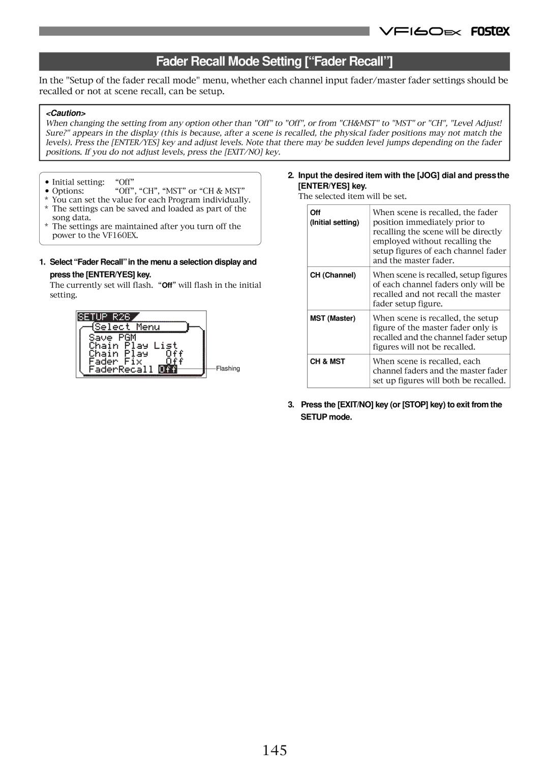 Fostex VF160EX operation manual Fader Recall Mode Setting Fader Recall, 145, Initial setting, CH Channel, MST Master 