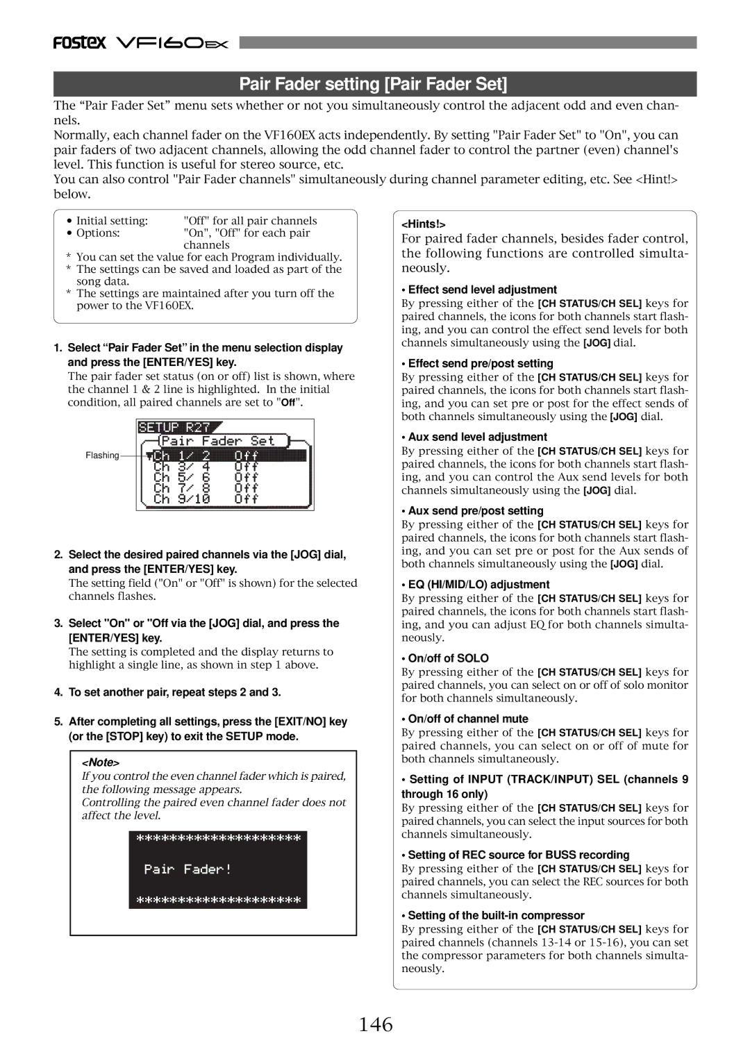 Fostex VF160EX operation manual Pair Fader setting Pair Fader Set, 146 