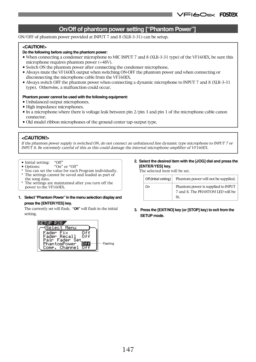 Fostex VF160EX On/Off of phantom power setting Phantom Power, 147, Do the following before using the phantom power 
