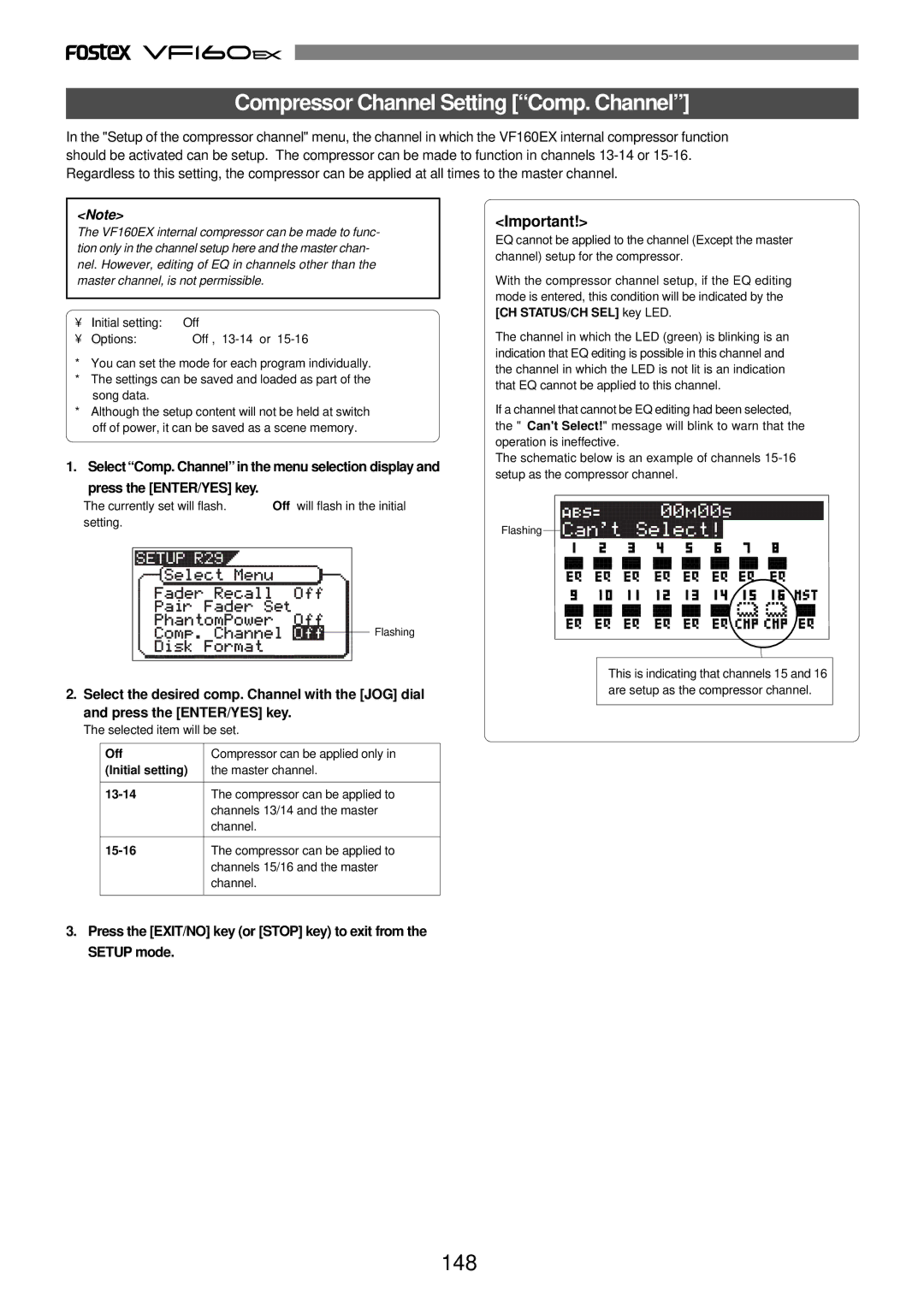Fostex VF160EX Compressor Channel Setting Comp. Channel, 148, Select Comp. Channel in the menu selection display, 13-14 