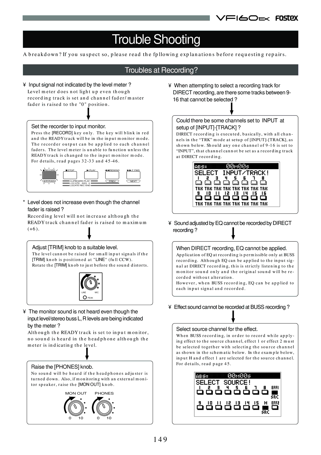 Fostex VF160EX operation manual Troubles at Recording?, 149 