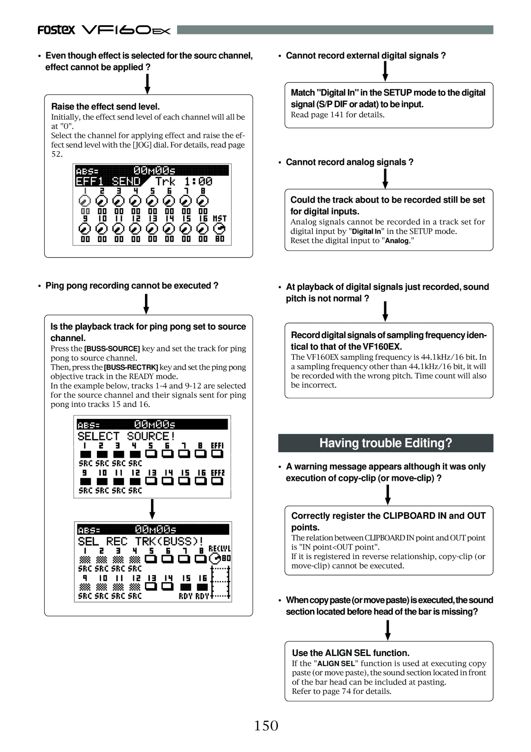 Fostex VF160EX operation manual Having trouble Editing?, 150, Correctly register the Clipboard in and OUT points 