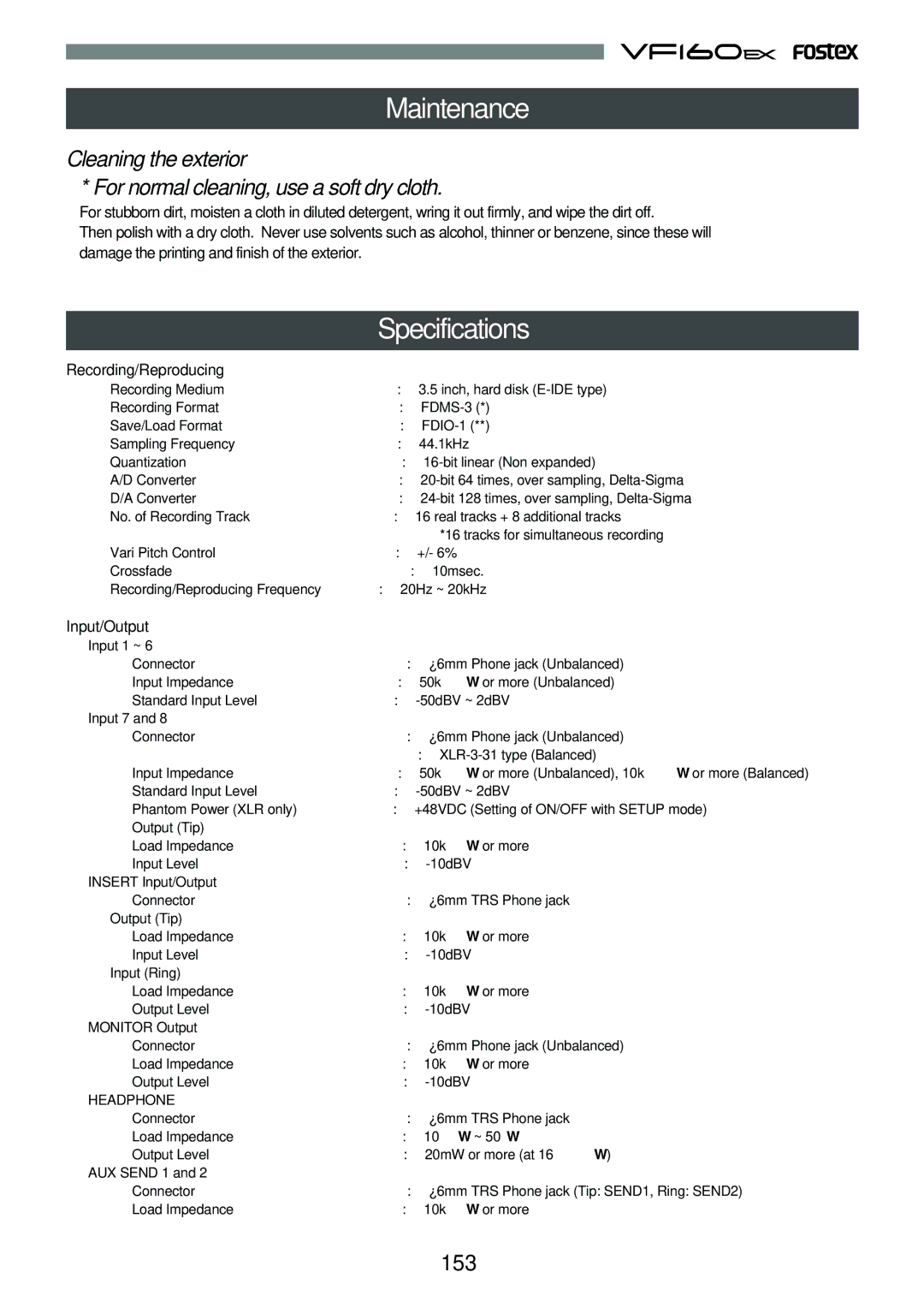 Fostex VF160EX operation manual Maintenance, Specifications, 153, Recording/Reproducing, Input/Output 