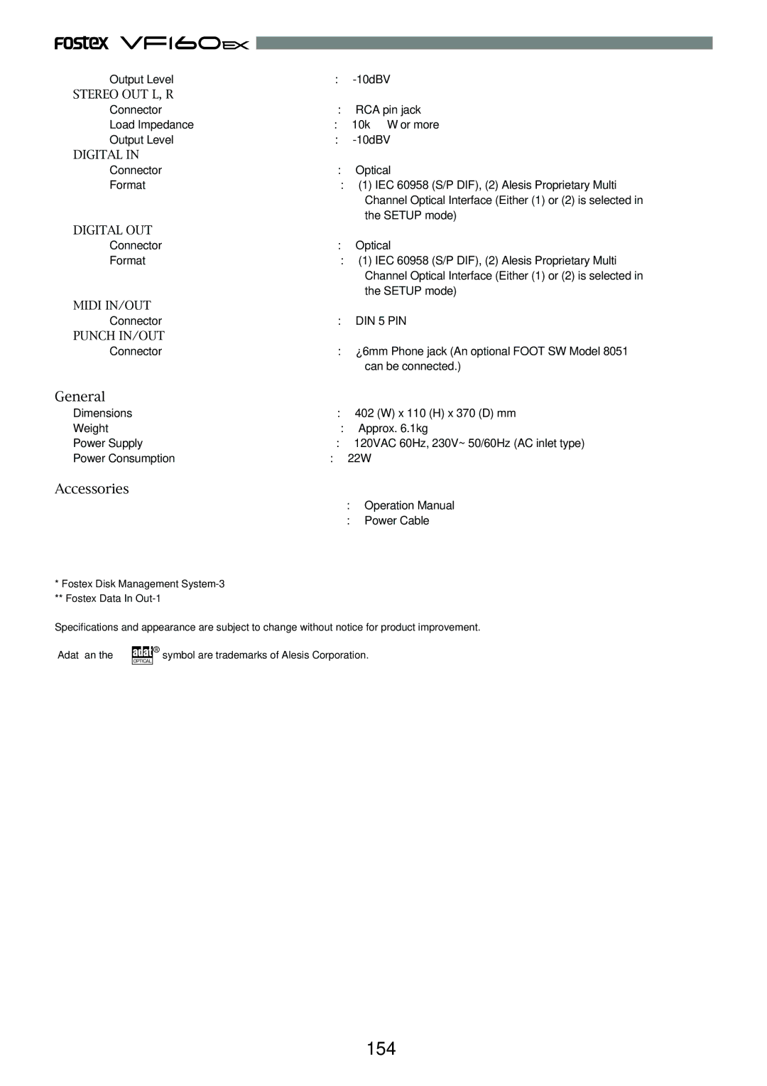 Fostex VF160EX operation manual 154, General, Accessories 