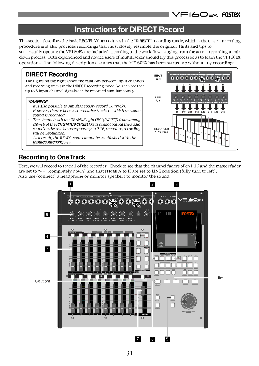 Fostex VF160EX operation manual Instructions for Direct Record, Direct Recording, Recording to One Track, Hint 