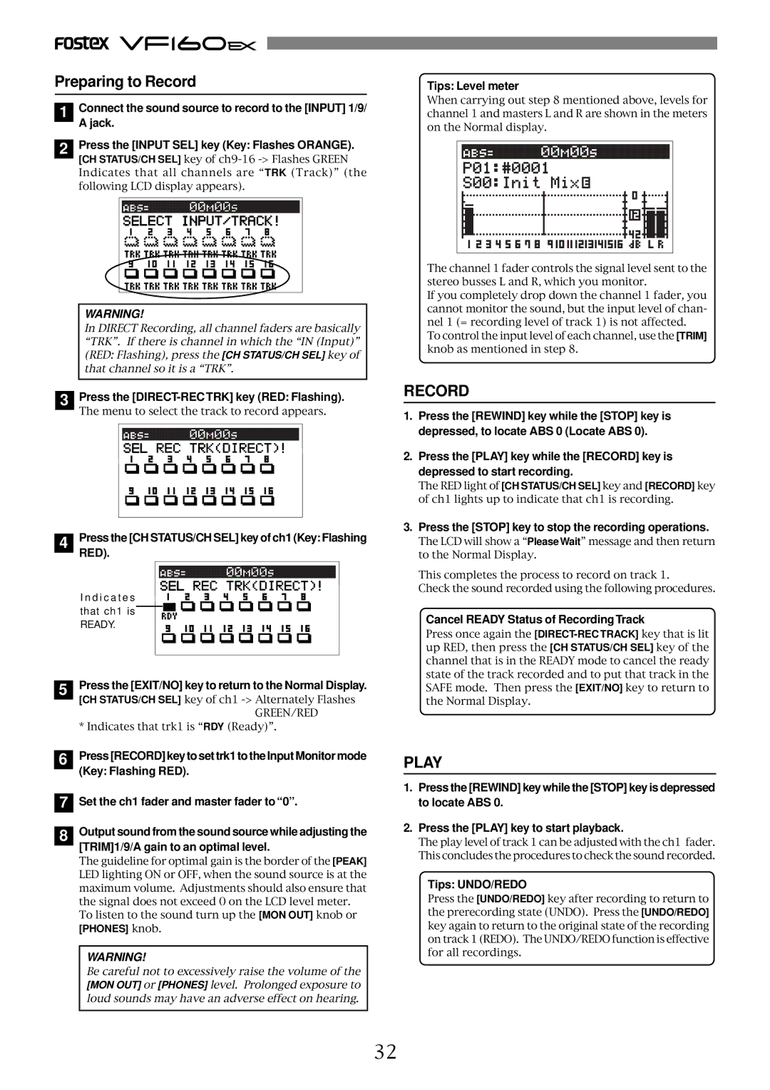 Fostex VF160EX operation manual Preparing to Record 