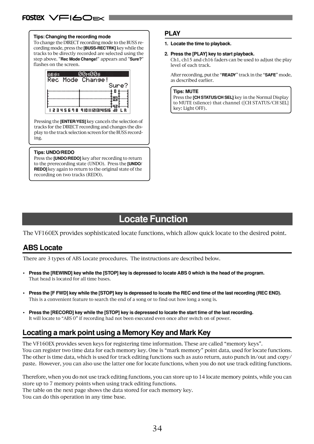 Fostex VF160EX Locate Function, ABS Locate, Locating a mark point using a Memory Key and Mark Key, Tips Mute 