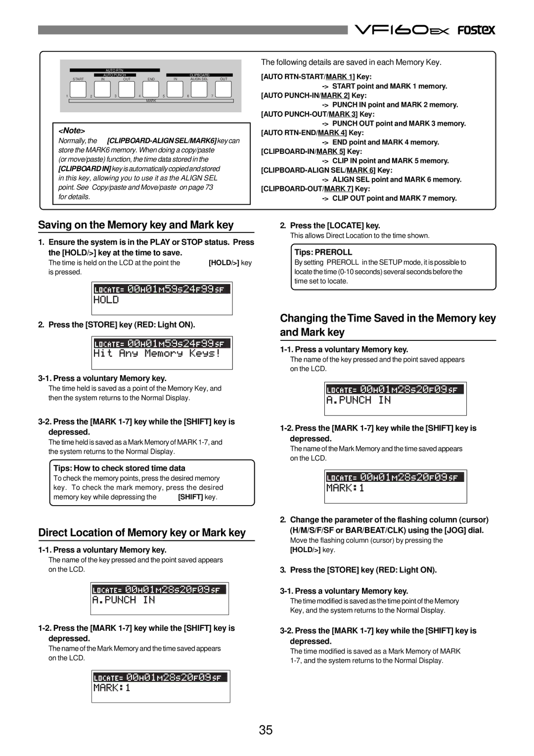 Fostex VF160EX Saving on the Memory key and Mark key, Changing the Time Saved in the Memory key and Mark key 