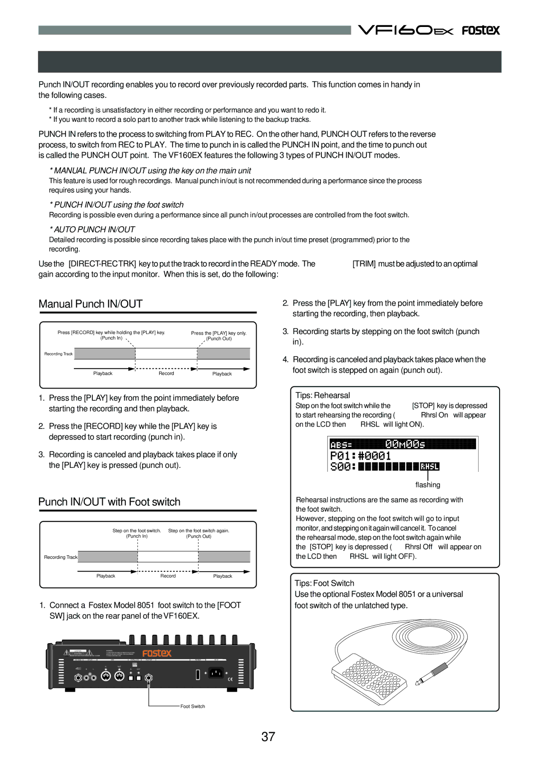 Fostex VF160EX operation manual Punch In/Out, Manual Punch IN/OUT, Punch IN/OUT with Foot switch, Tips Foot Switch 