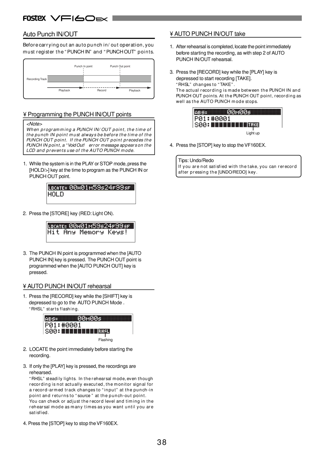 Fostex VF160EX Programming the Punch IN/OUT points, Auto Punch IN/OUT rehearsal, Auto Punch IN/OUT take 
