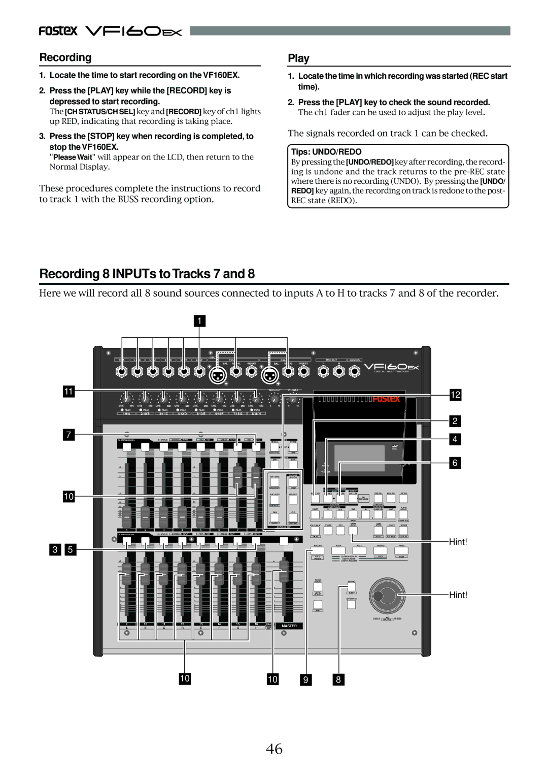 Fostex VF160EX operation manual Recording 8 INPUTs to Tracks 7, Play, Hint 