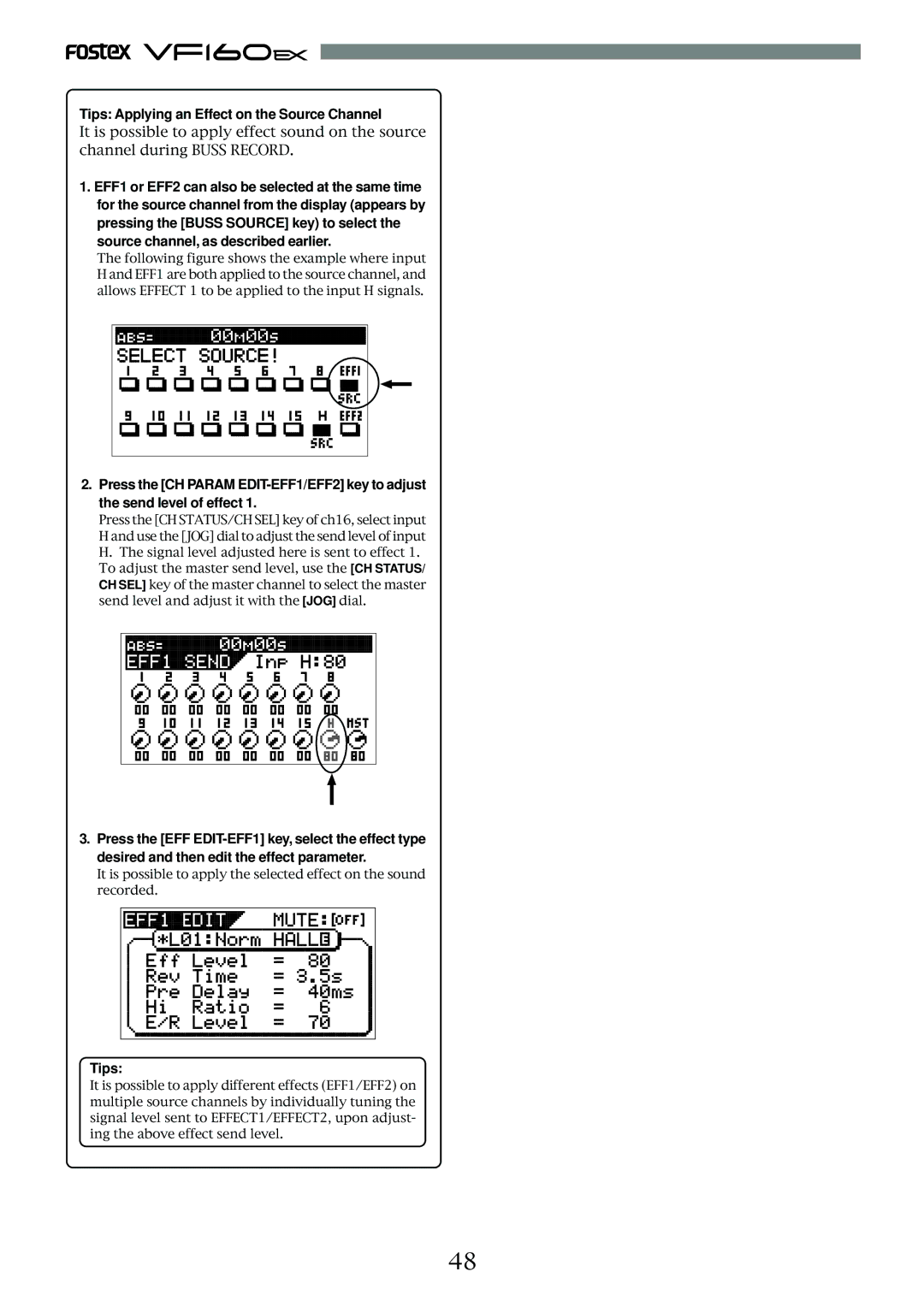 Fostex VF160EX operation manual Tips Applying an Effect on the Source Channel 