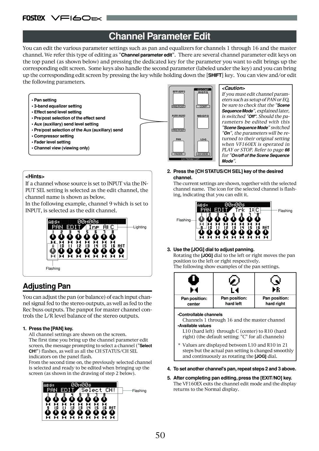 Fostex VF160EX operation manual Channel Parameter Edit, Adjusting Pan, Hints 