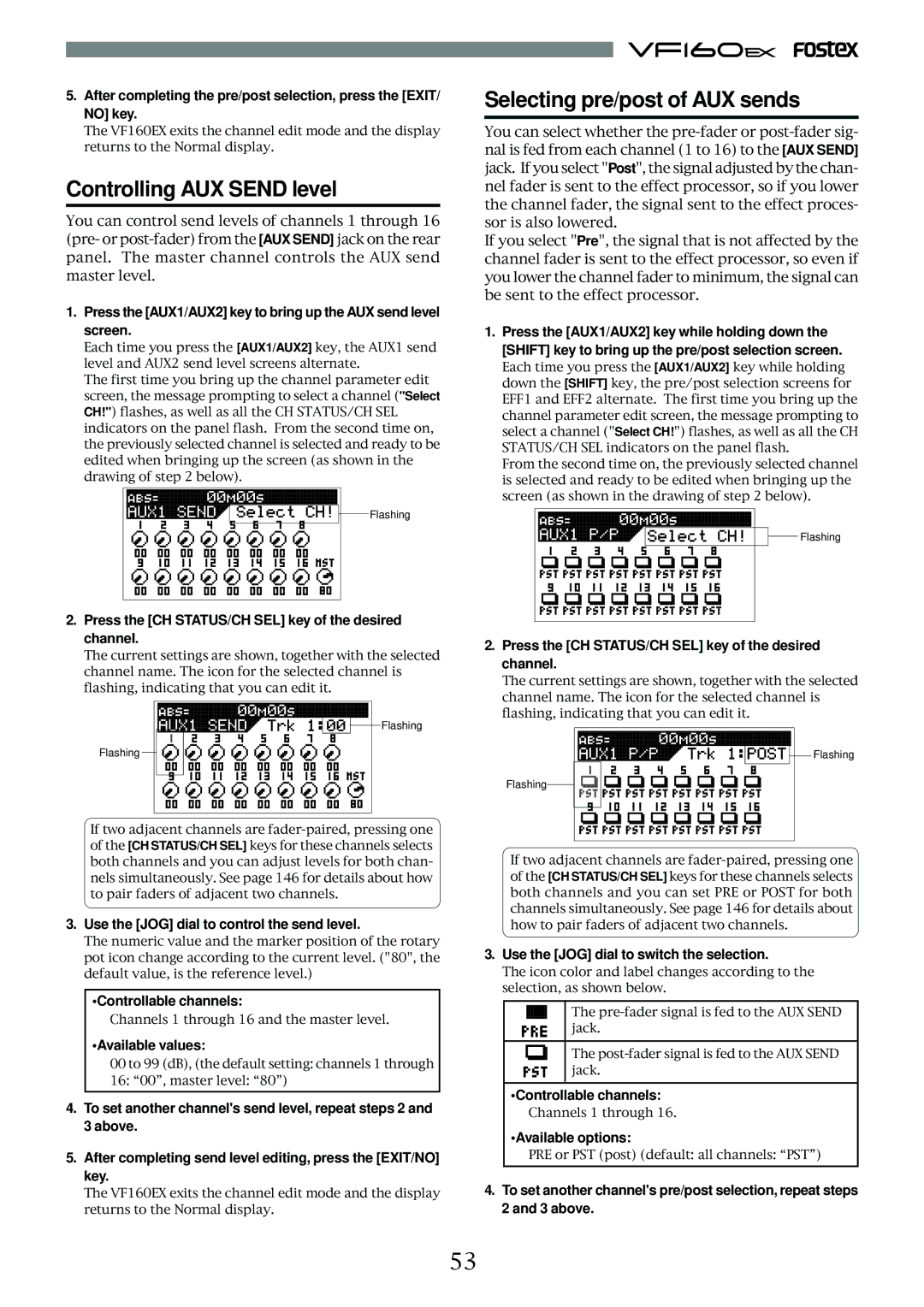 Fostex VF160EX operation manual Selecting pre/post of AUX sends, Controlling AUX Send level, Key, above 