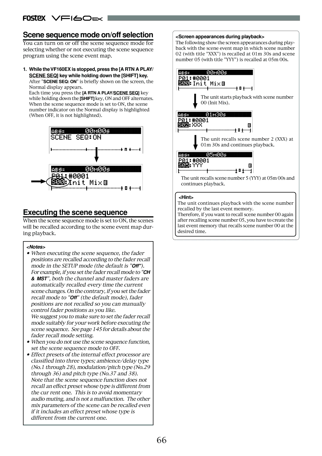 Fostex VF160EX Scene sequence mode on/off selection, Executing the scene sequence, Screen appearances during playback 