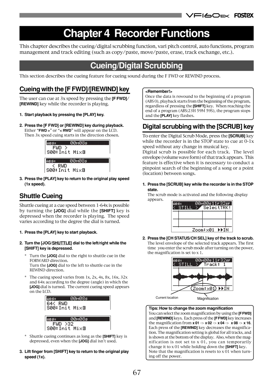 Fostex VF160EX operation manual Cueing/Digital Scrubbing, Cueing with the F FWD/REWIND key, Shuttle Cueing 