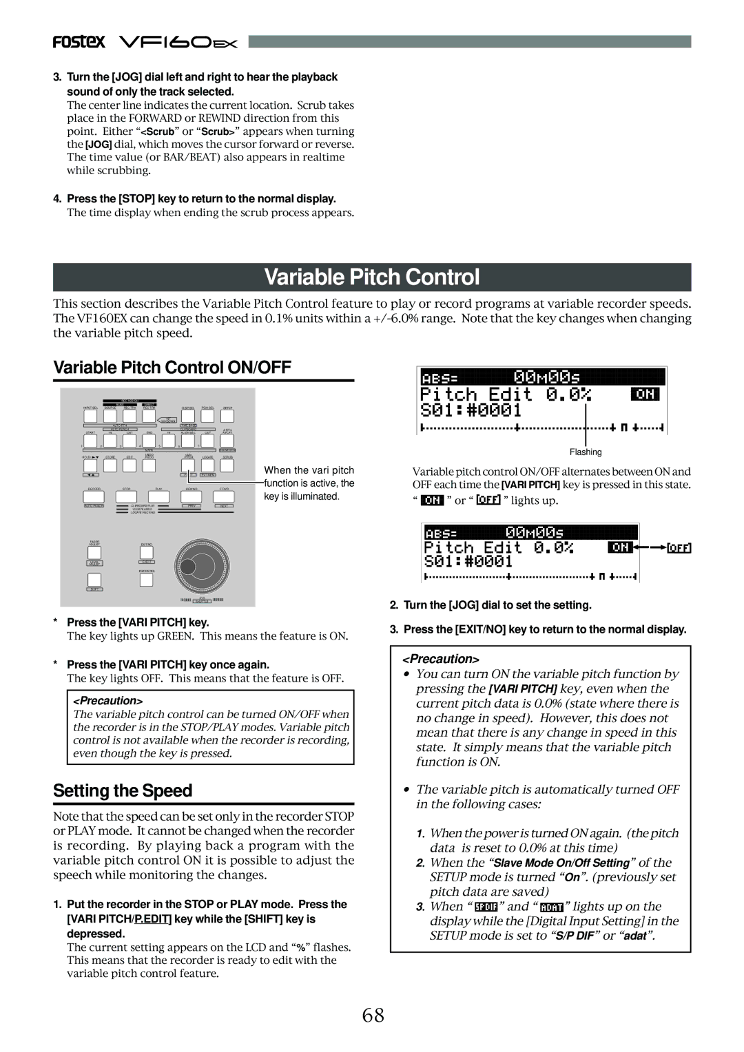 Fostex VF160EX operation manual Variable Pitch Control ON/OFF, Setting the Speed 