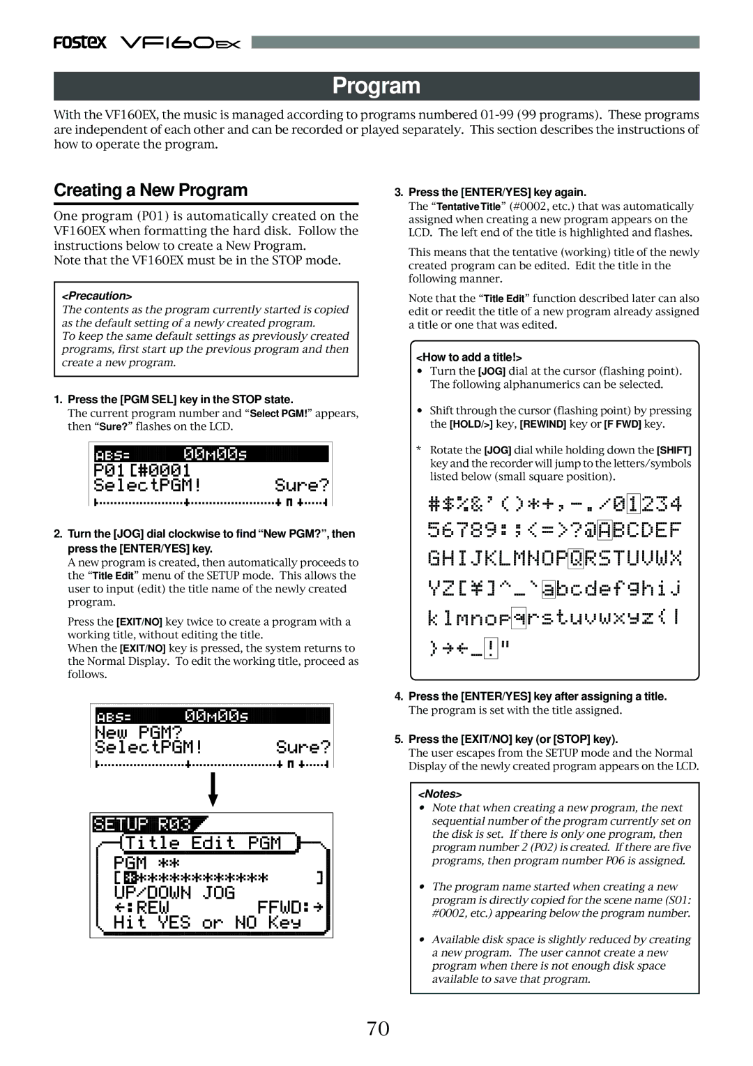 Fostex VF160EX operation manual Creating a New Program 