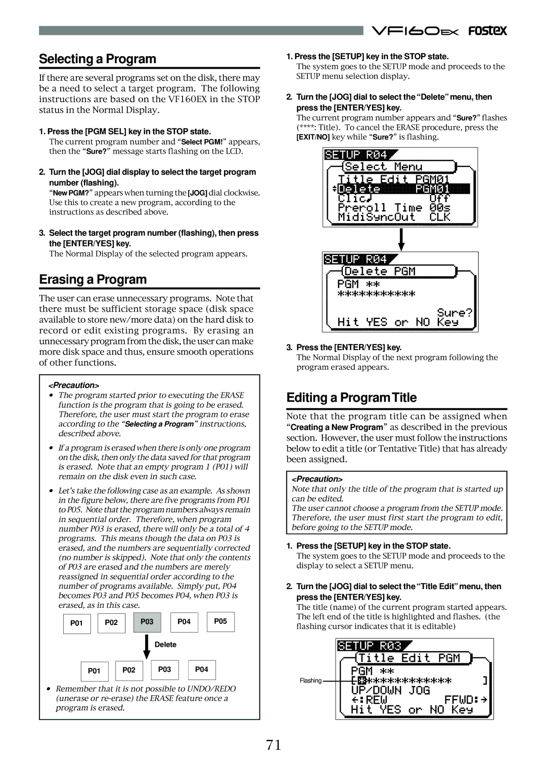 Fostex VF160EX Selecting a Program, Erasing a Program, Editing a Program Title, Press the Setup key in the Stop state 