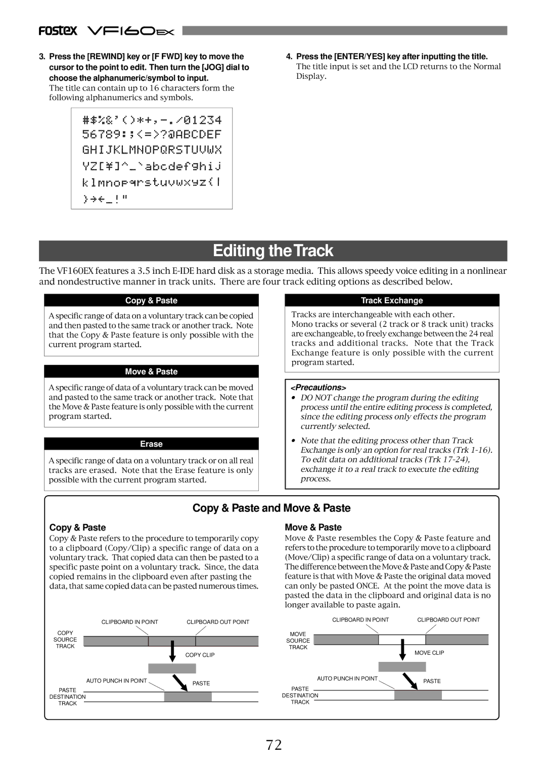 Fostex VF160EX Editing theTrack, Copy & Paste and Move & Paste, Press the ENTER/YES key after inputting the title 