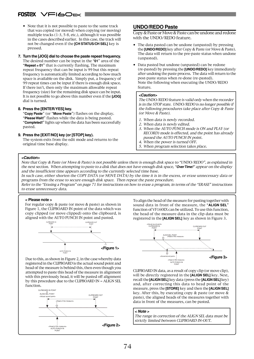 Fostex VF160EX operation manual UNDO/REDO Paste, Turn the JOG dial to choose the paste repeat frequency, Please note 