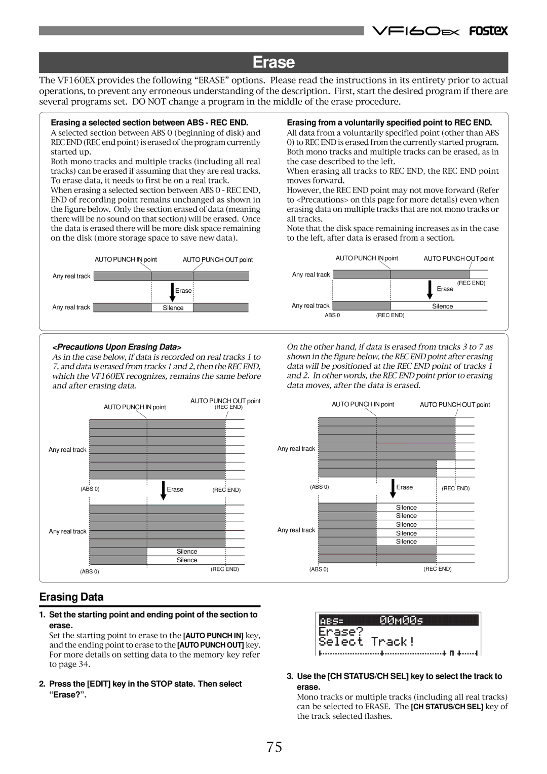 Fostex VF160EX operation manual Erase, Erasing Data, Erasing a selected section between ABS REC END 