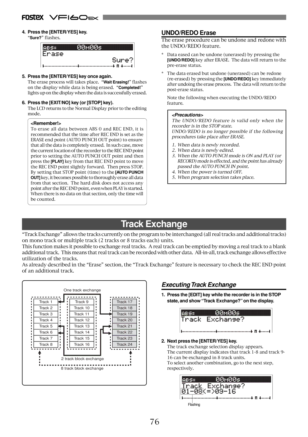 Fostex VF160EX operation manual UNDO/REDO Erase, Press the ENTER/YES key once again, Next press the ENTER/YES key 