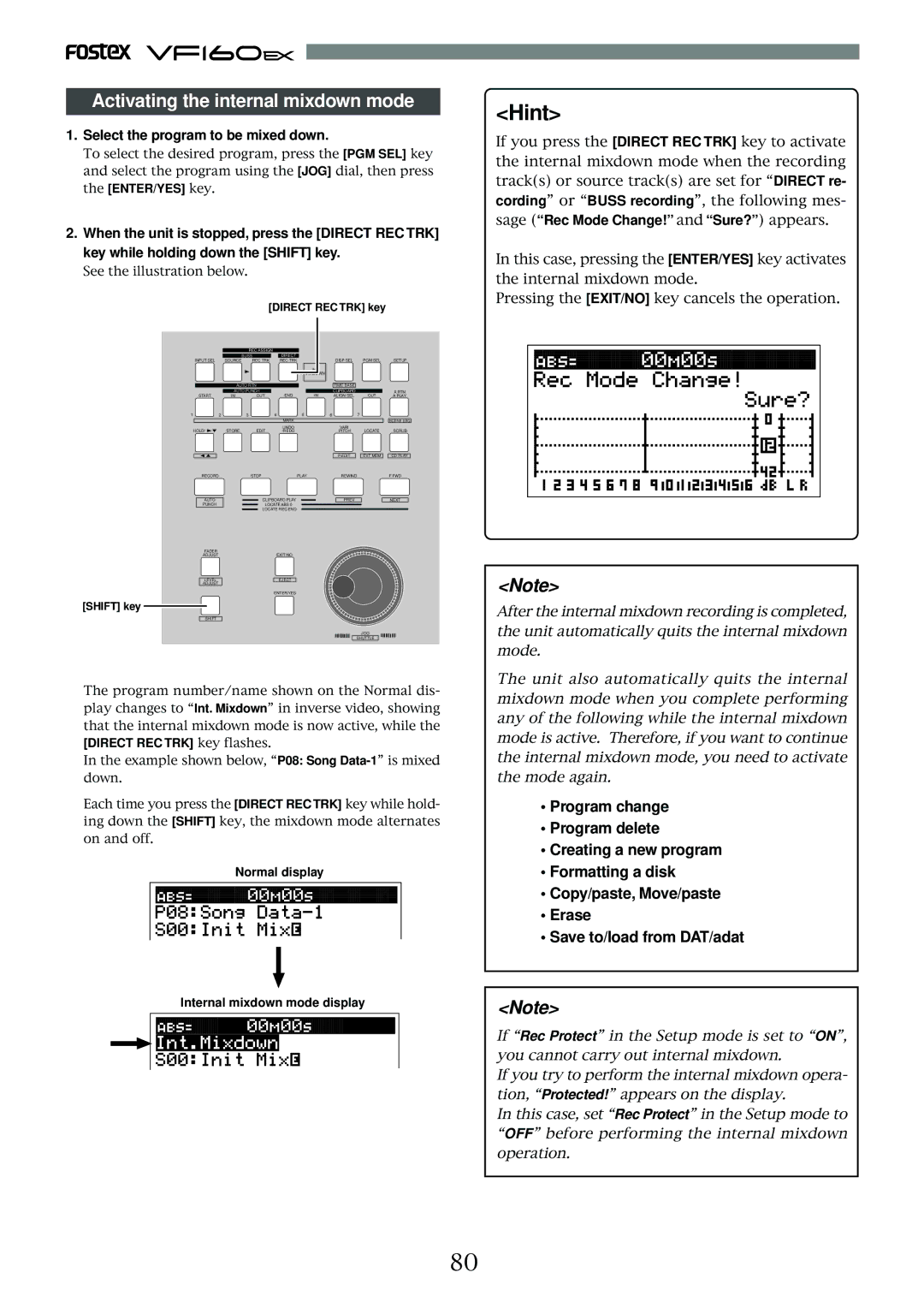 Fostex VF160EX operation manual Hint, Select the program to be mixed down, Normal display, Internal mixdown mode display 