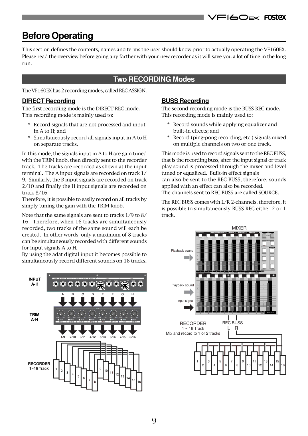 Fostex VF160EX operation manual Two Recording Modes, Direct Recording, Buss Recording 