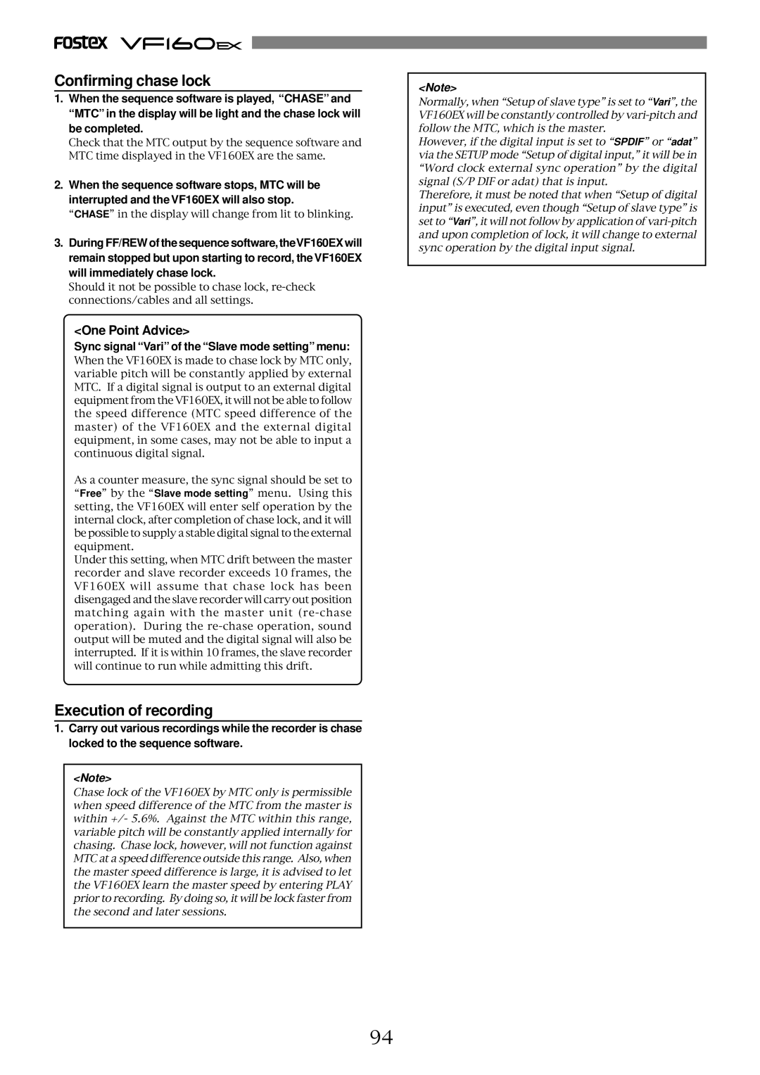 Fostex VF160EX operation manual Confirming chase lock, One Point Advice, Sync signal Vari of the Slave mode setting menu 