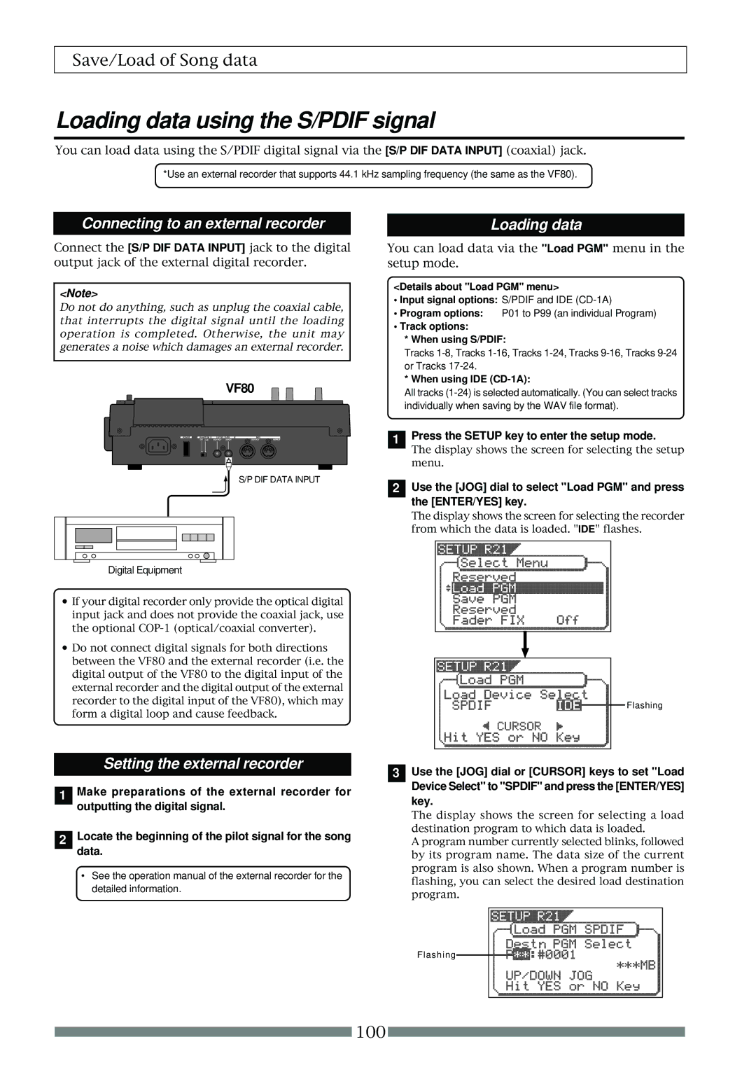 Fostex VF80 owner manual Loading data using the S/PDIF signal, Connecting to an external recorder 