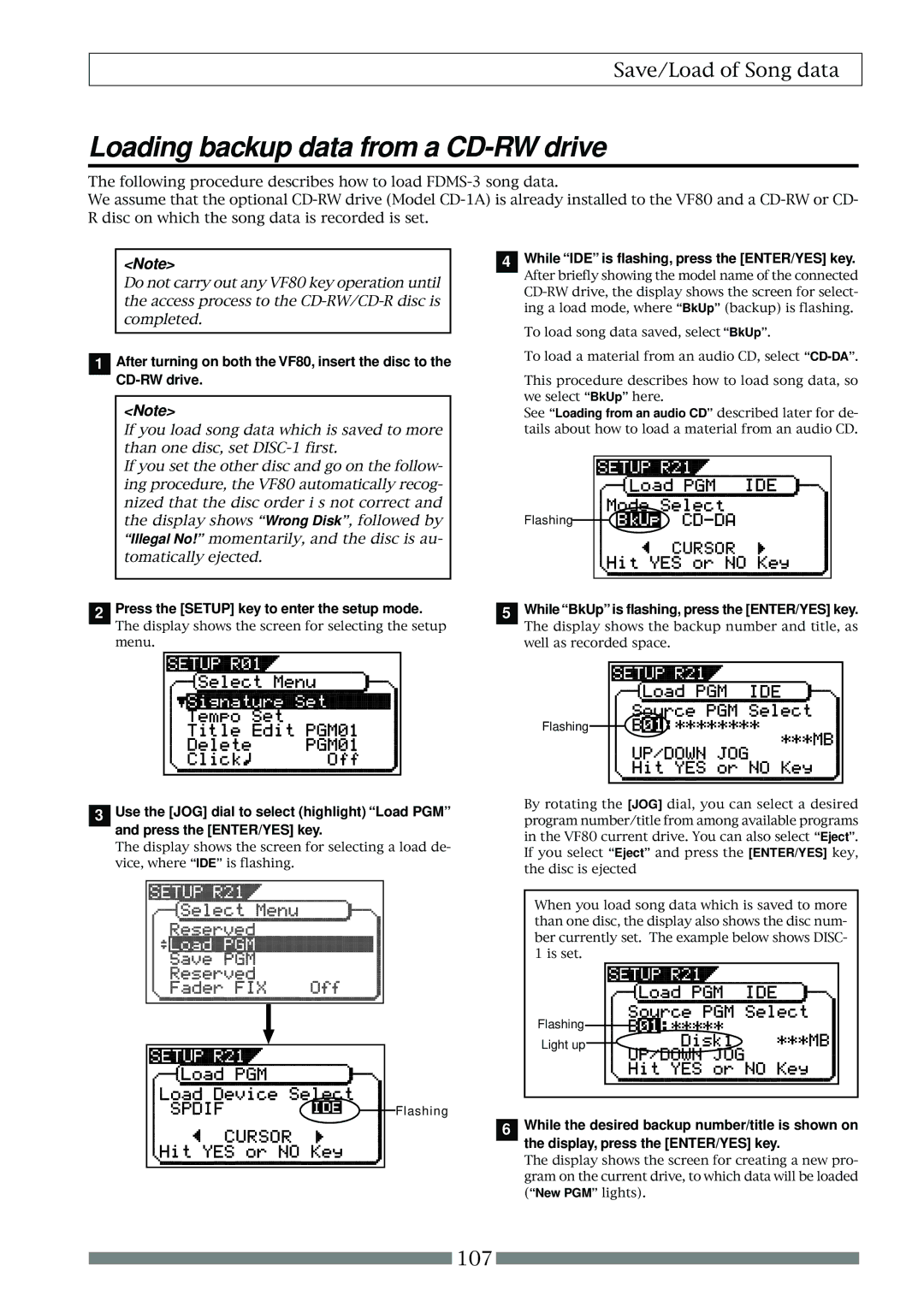 Fostex VF80 owner manual Loading backup data from a CD-RW drive, While BkUp is flashing, press the ENTER/YES key 