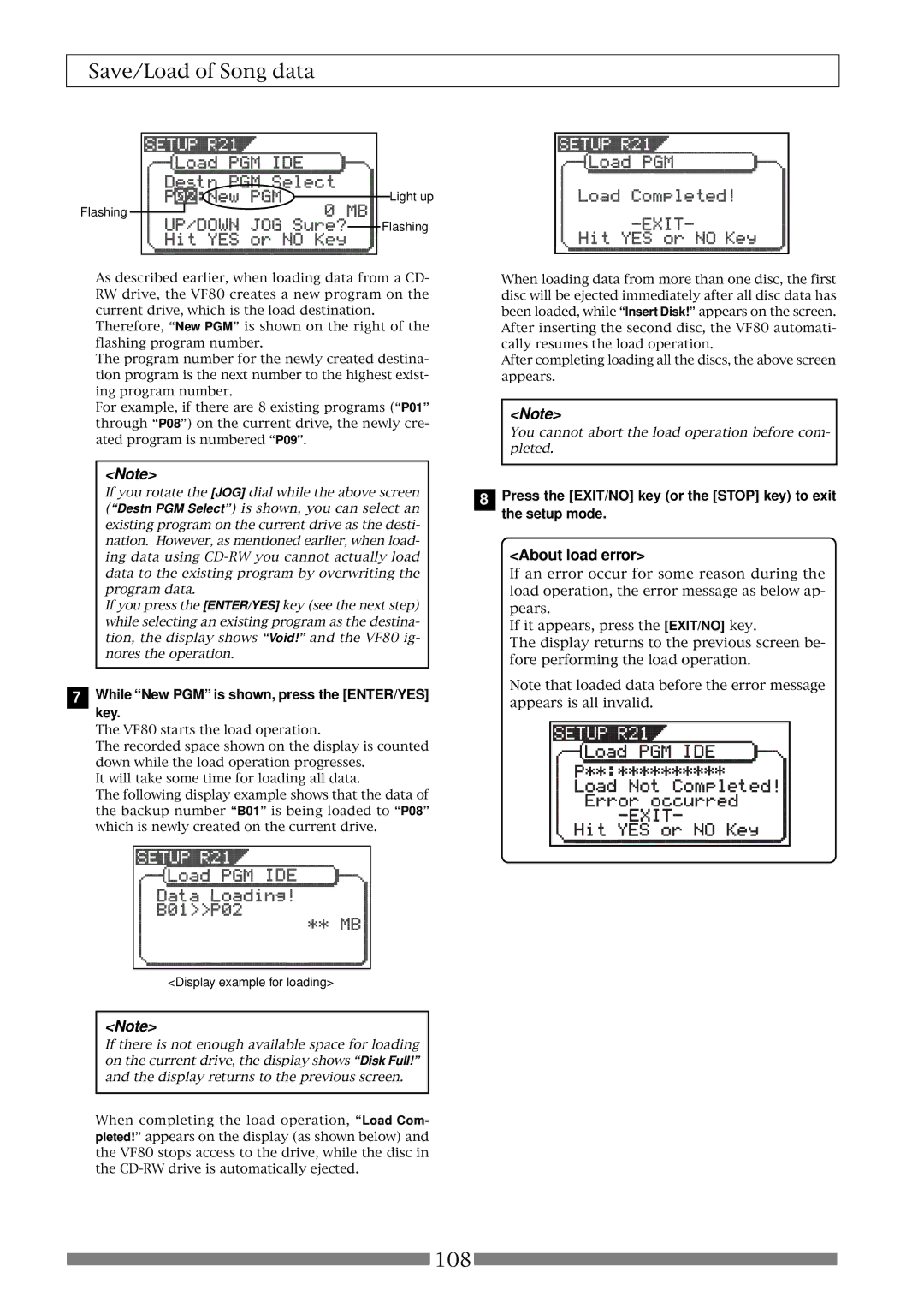 Fostex VF80 owner manual About load error, While New PGM is shown, press the ENTER/YES key 