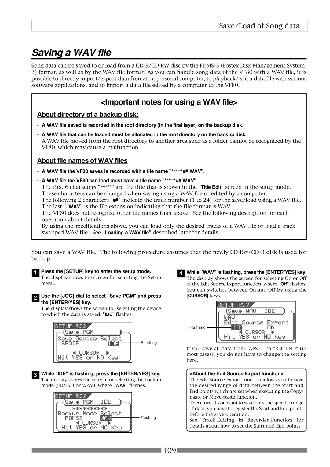 Fostex VF80 owner manual Saving a WAV file, About directory of a backup disk, About file names of WAV files 