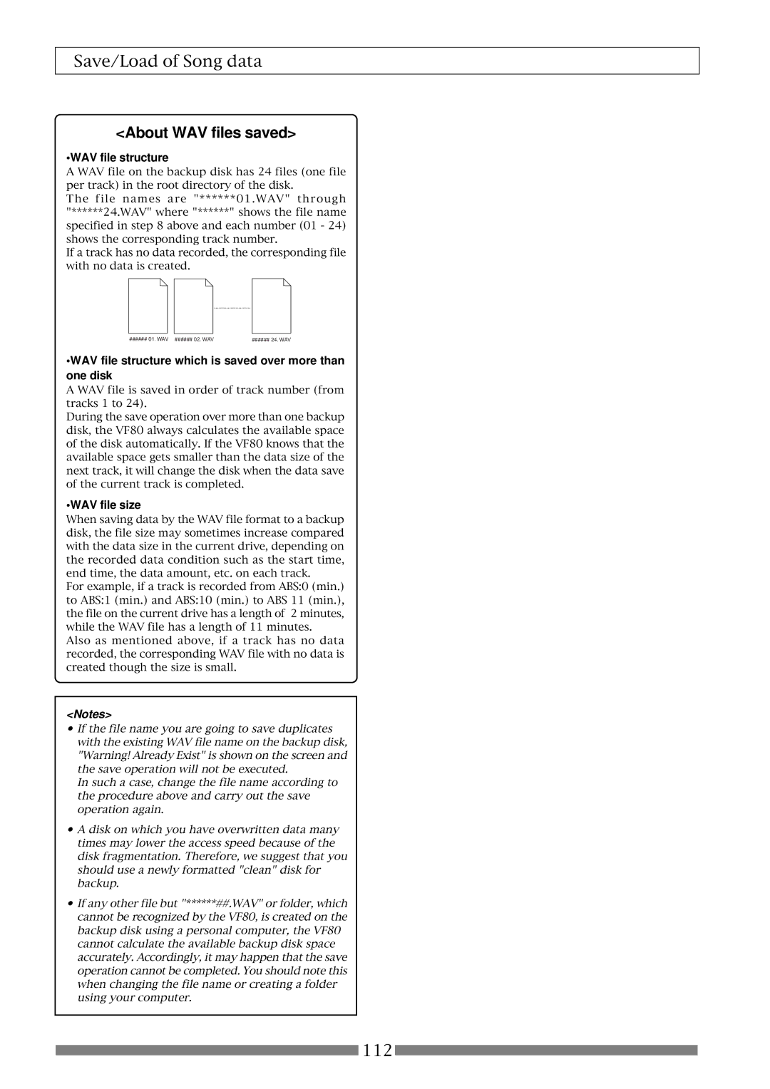 Fostex VF80 About WAV files saved, WAV file structure which is saved over more than one disk, WAV file size 